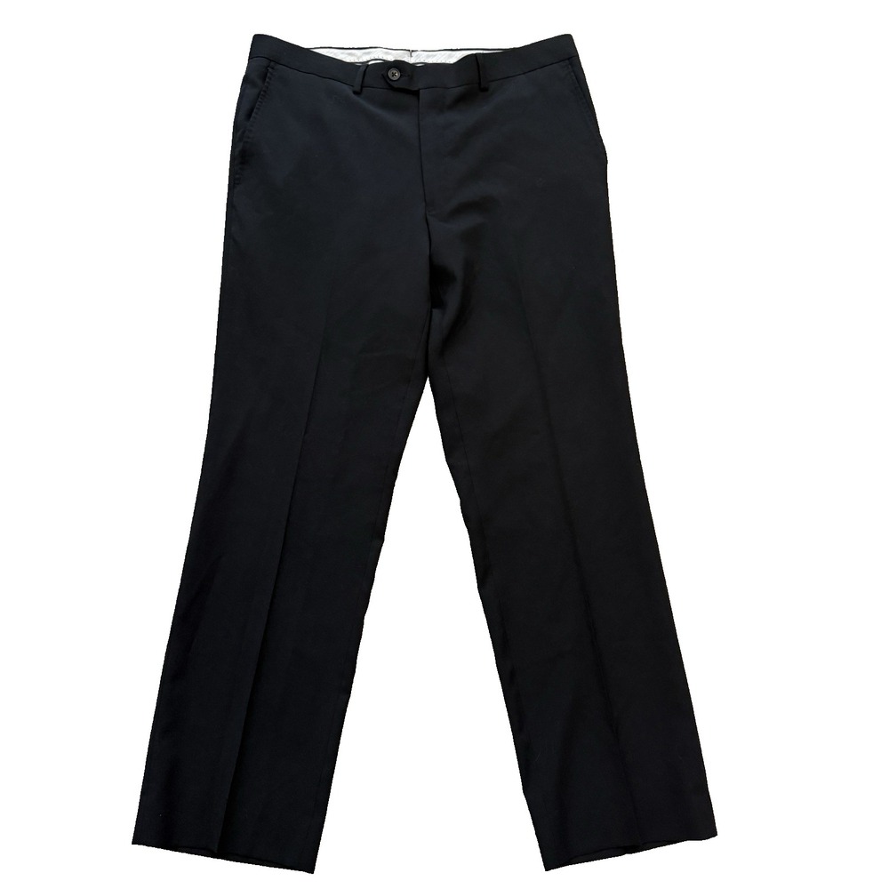 Saks Fifth Avenue Dress Pants Mens 34W 30L Black‎ 100% Wool Slim Fit Flat Front